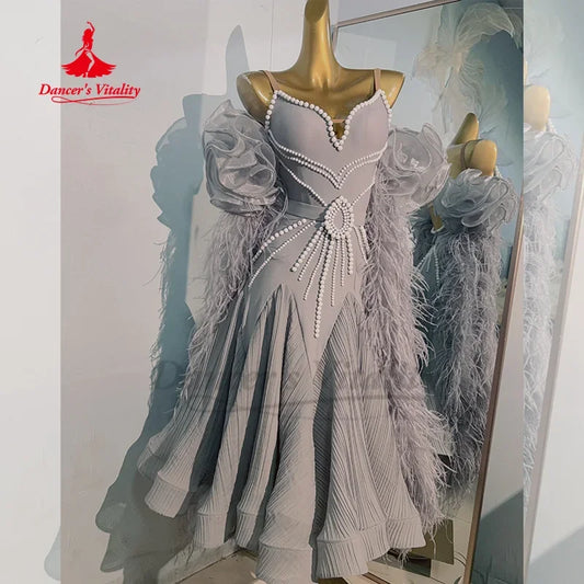 Modern Dance Performance Costume High-end Luxury Feather Backless Dress Adult and Children's Ballroom Dance Competition Clothing