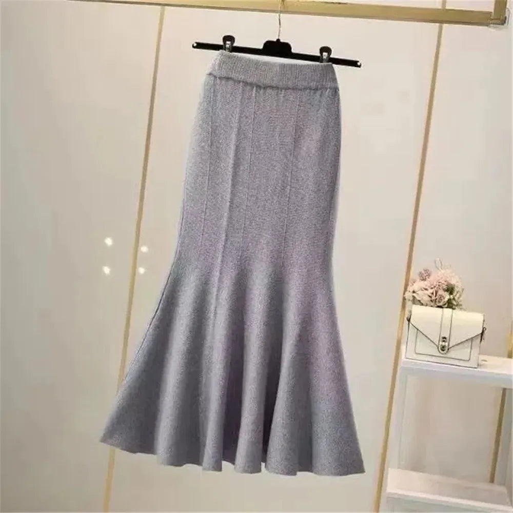 Knitting Skirts For Women Fashion High Waist Slim Trumpet Mermaid Skirts Office Ladies Casual Elegant Ankle Length Long Skirt