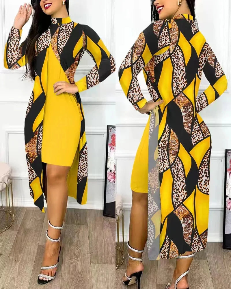 Two Piece Set Women Print Dresses Sets Full Sleeve Half High Collar Split Cardigan Dress Suits Elegant A Line Office Lady Y2k
