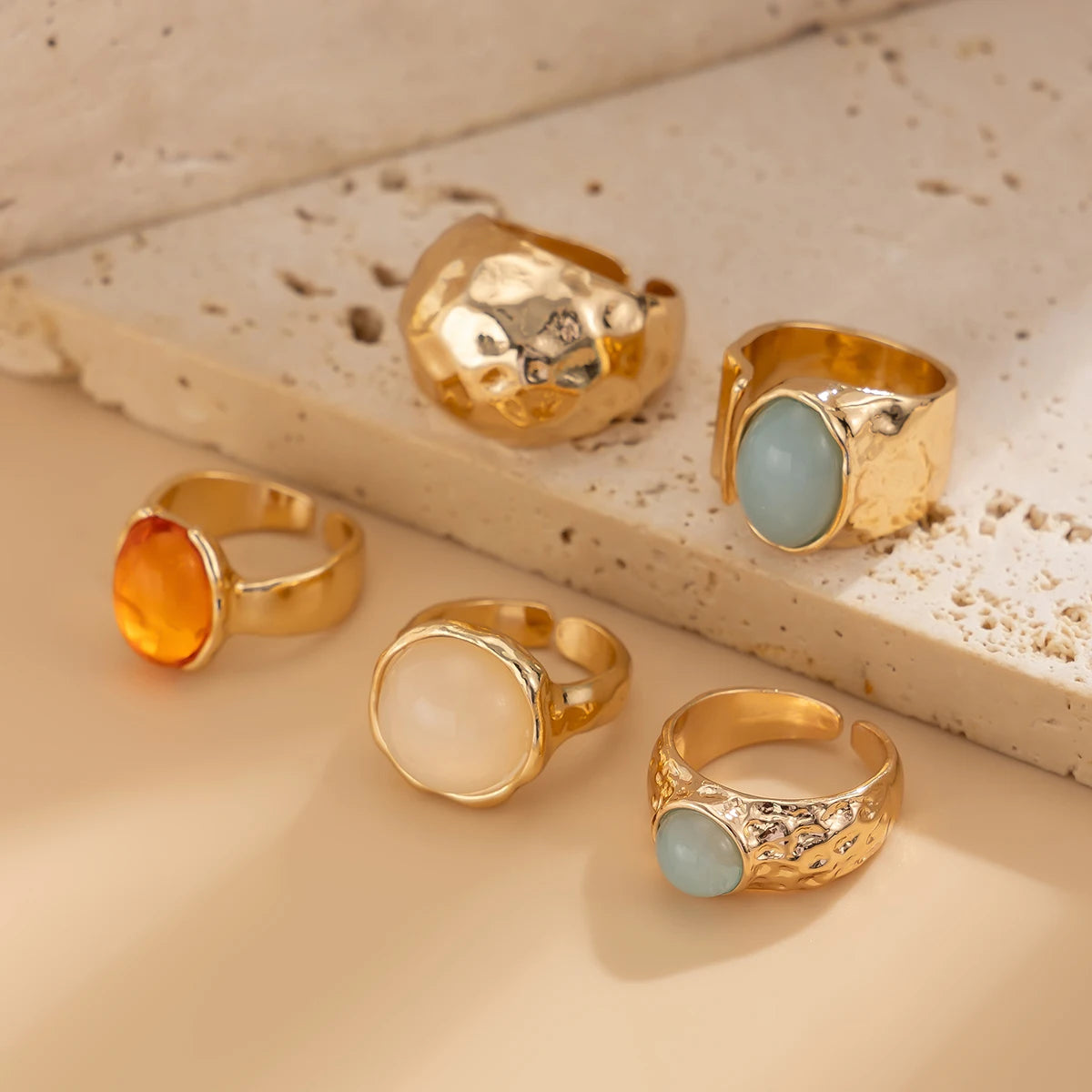 Ingemark 5Pcs/Set Retro Gold Color Irregular Metal Ring for Women Bohemian Open Adjustable Wide Ring Aesthetic Y2K Jewelry Gift