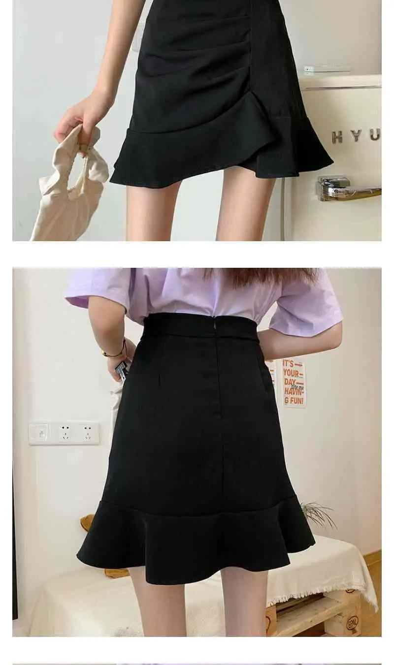 Irregular High Waist Skirts for Female Summer New Korean Fashion All-match Bag Hip A-Line Solid Color Ruffles Spliced Mini Skirt