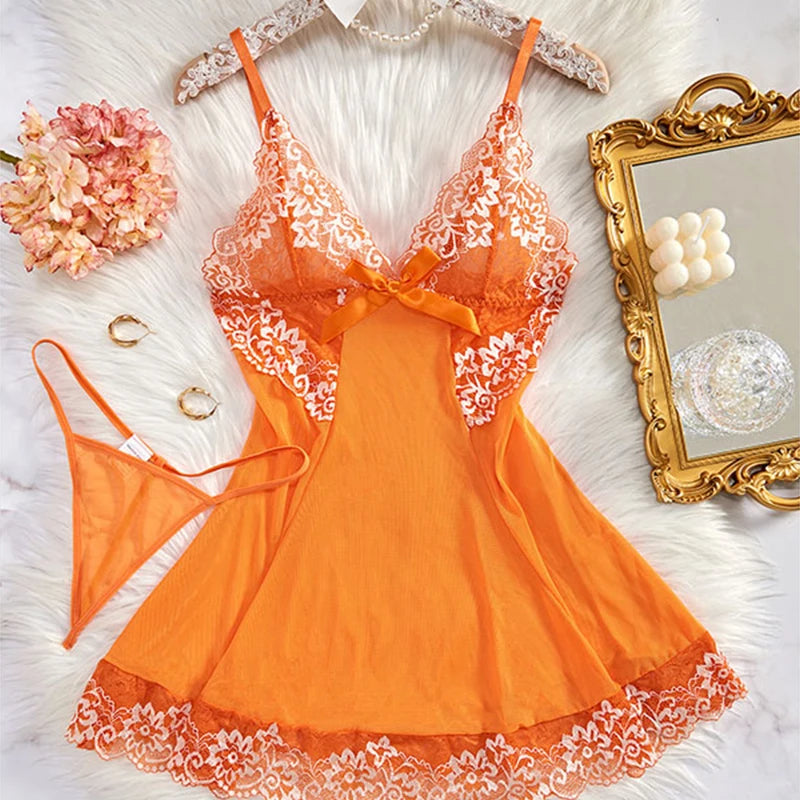 Nightdress And Panty Pijamas Sets Women Underwear Lace See Through Sleepwear Sexy Lingerie Drees Female Sexy Nightwear For Night