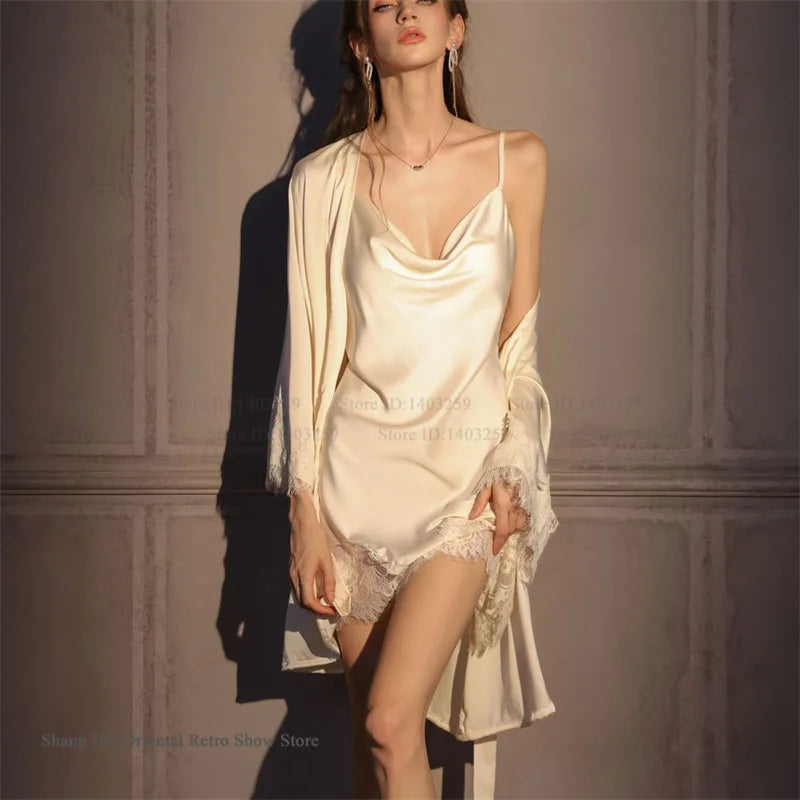 Sexy Women Nighty&Robe Set Intimate Lingerie Spring Summer New Sleepwear Home Dress Patchwork Lace Nightgown Ice Silk Night Wear