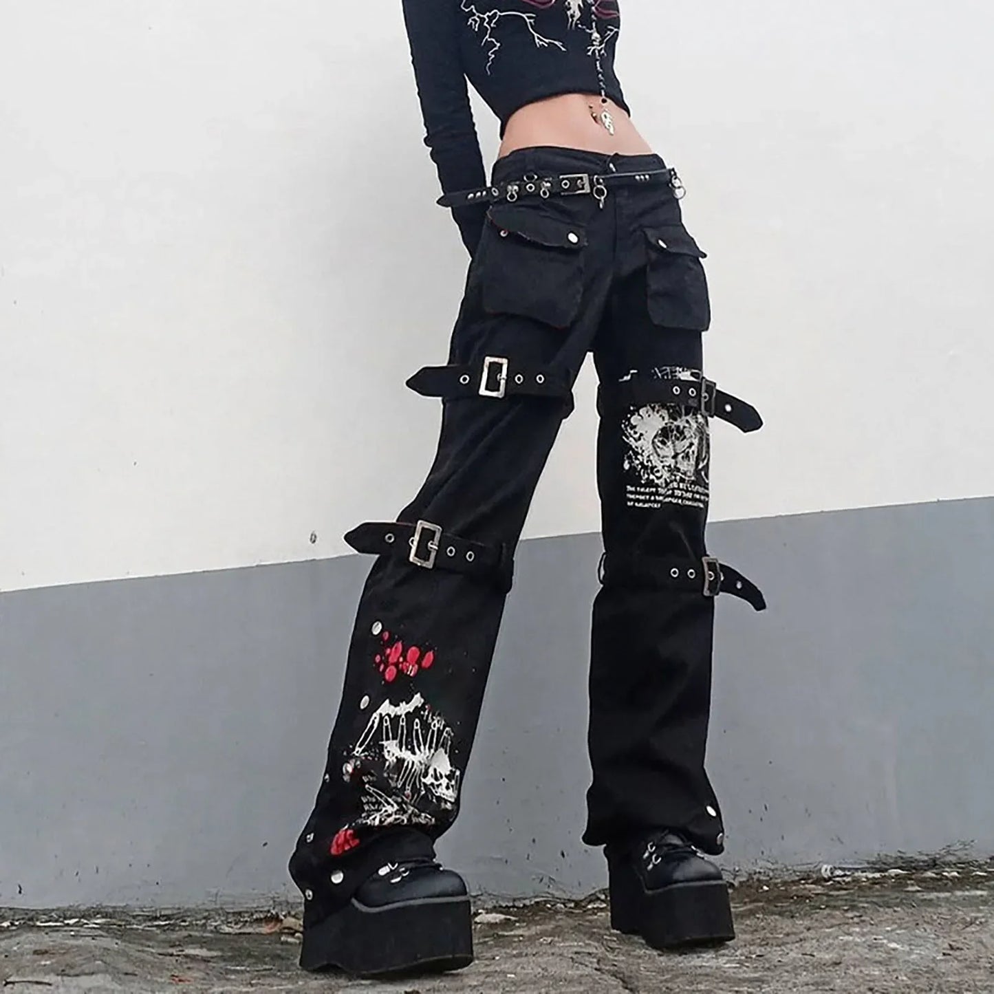 Women'S Trousers Low-Rise Gothic Jeans Street Washed Print Style Cool Loop Pants Retro Hip Hop Wide-Leg Pants Fashion