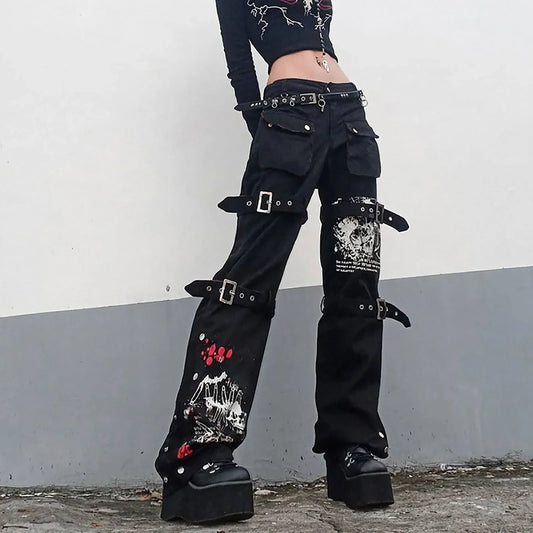 Women'S Trousers Low-Rise Gothic Jeans Street Washed Print Style Cool Loop Pants Retro Hip Hop Wide-Leg Pants Fashion