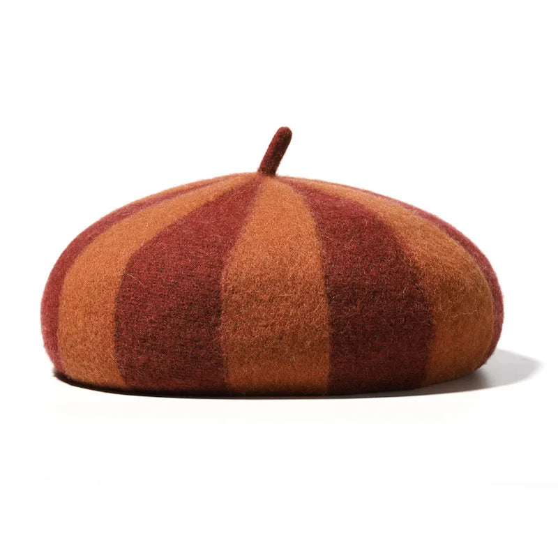 Women's Hat 100% Wool Beret Knitted Tweed Contrast Stripe Japanese Painter British Retro Autumn Winter Hats