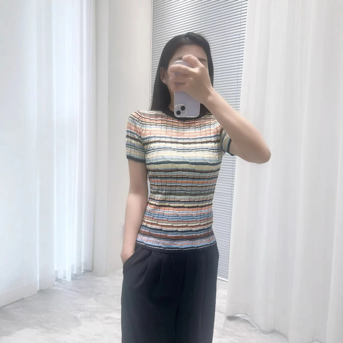 Women's elegant two piece suit striped knitted slim fit top or striped evening dress party midi robe