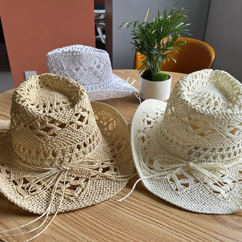 Straw Western Cowboy Hat for Women Men Classic Vintage Hollow Out Unisex Curled Wide Brim Sun Hat Fishing Hat Climbing Cap