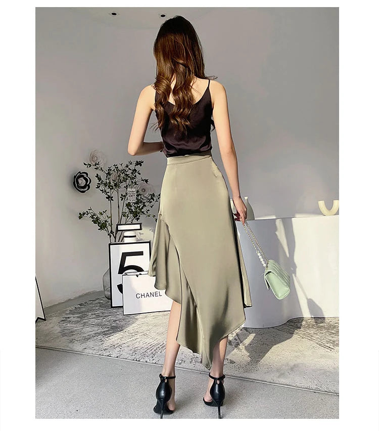 Elegant High Waist Satin Skirts Women Irregular Mermaid Skirt Fashion Streetwear Casual A-Line Skirts Office Lady Long Skirts