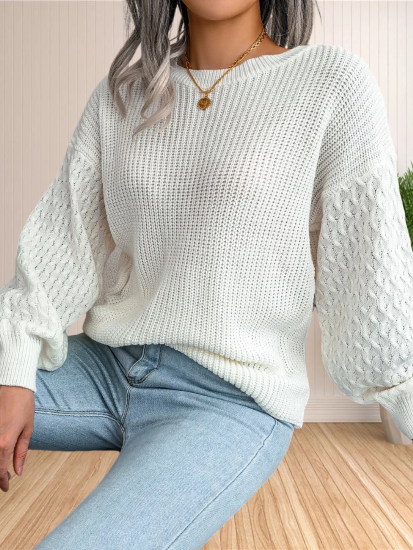 Sweater for Women Cable Knit Crew Neck Long Sleeves Fashion Casual Pullover Sweater Tops