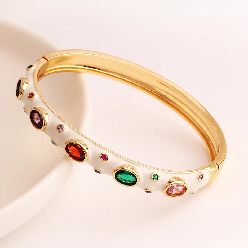 Luxury Colorful Enamel Bangles Bracelets for Women Party Gift Fashion Rainbow Zircon CZ Bangles Original 18K Gold Plated Jewelry