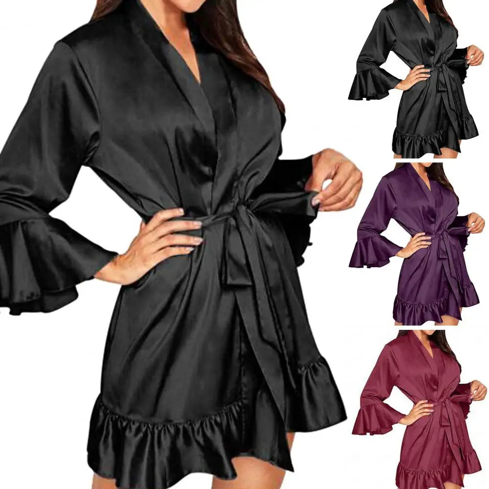 Women Sleeping Robes Silky Sleepwear Ruffle Lace Up Lady Sleeping Gown Smooth Surface Women Nightdress Sleeping Clothes