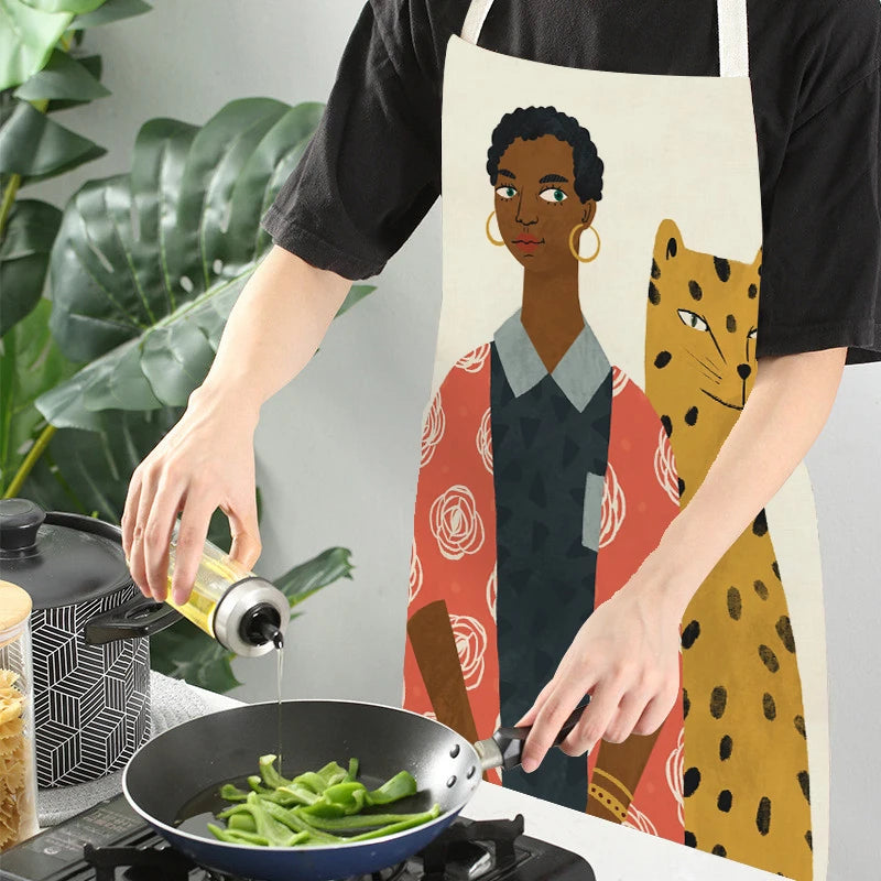 Kitchen Apron Modern Girl Plants Pattern Linen Aprons for Women Men Household Cleaning Apron Cooking Baking Accessories