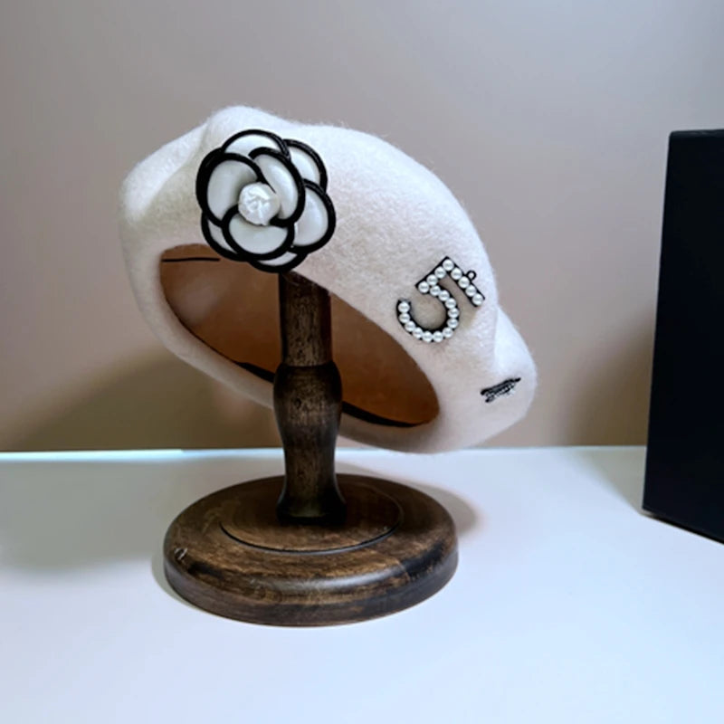 French women hats in winter hats woman Wool Classic Flower Beret Hat Women Keep Warm Brand Beanie Adjustable gorras para mujer