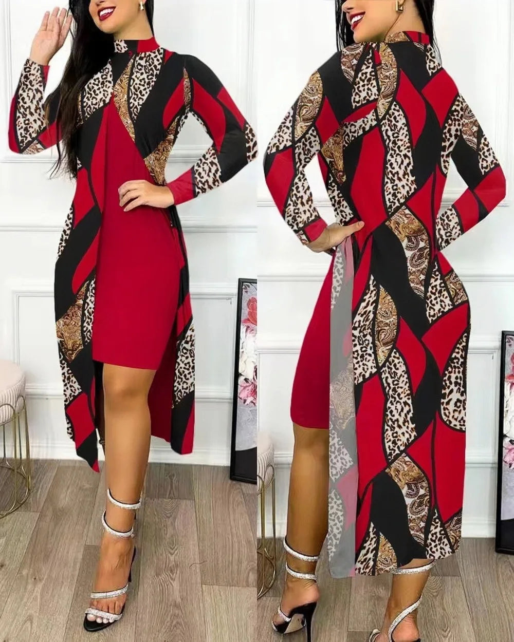 Two Piece Set Women Print Dresses Sets Full Sleeve Half High Collar Split Cardigan Dress Suits Elegant A Line Office Lady Y2k