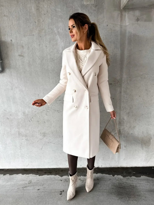 Women Double Breasted Woolen Outerwear Solid Color Long Overcoat Commuter Style Turndown Collar Lady Outerwear for Autumn Winter