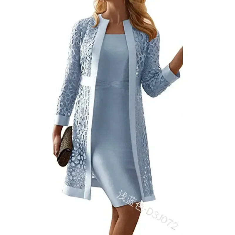2025 Women's Dress Suit Sets Elegant Two Piece Set Outfits Solid Lace Cardigan Long Sleeve Office Party Knee-length Dress Set
