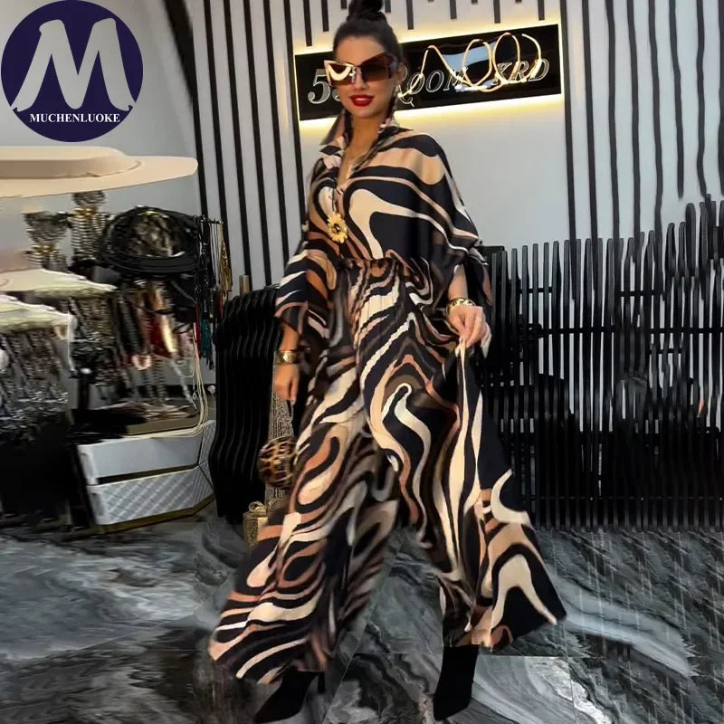 Women's Two Pieces Set Spring  Autumn New Elegant Printed Long Sleeves Tops Suits Fashionable Casual Loose Wide Leg Pants Sets