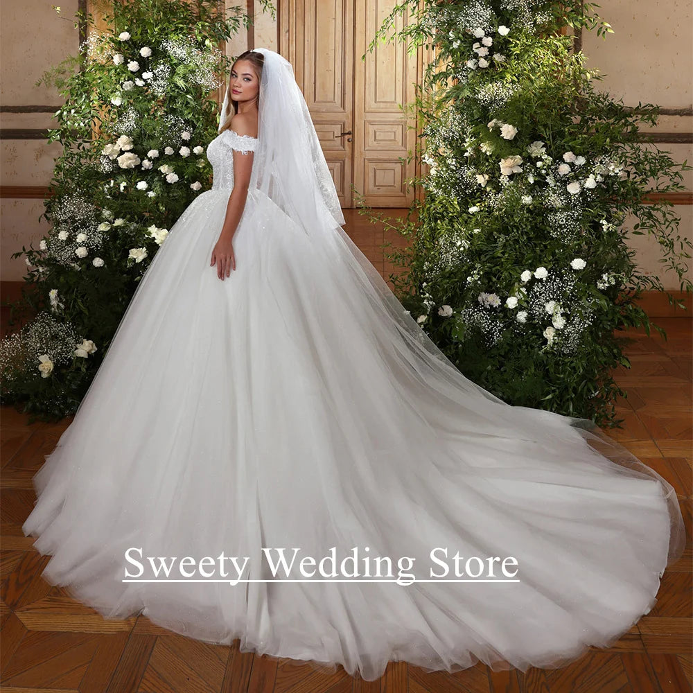Ball Gown Wedding Dresses for Woman Bride Customized Deep V Neck Off The Shoulder Sequined Applique Court Train Bridal Dresses