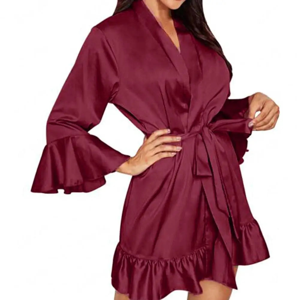 Women Sleeping Robes Silky Sleepwear Ruffle Lace Up Lady Sleeping Gown Smooth Surface Women Nightdress Sleeping Clothes