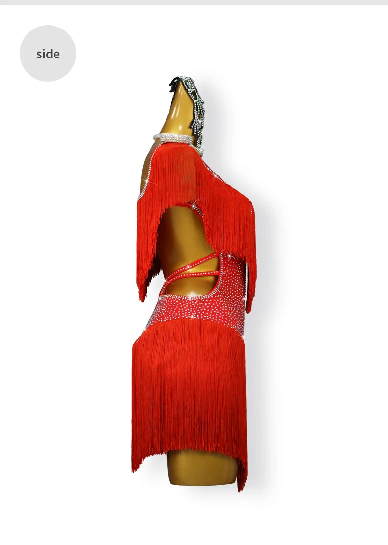 Red Latin Dance Fringed Dresses Sexy Womens Competition Costume Adult Female Party Clothes Cabaret Practice Wear Girl Stage Suit