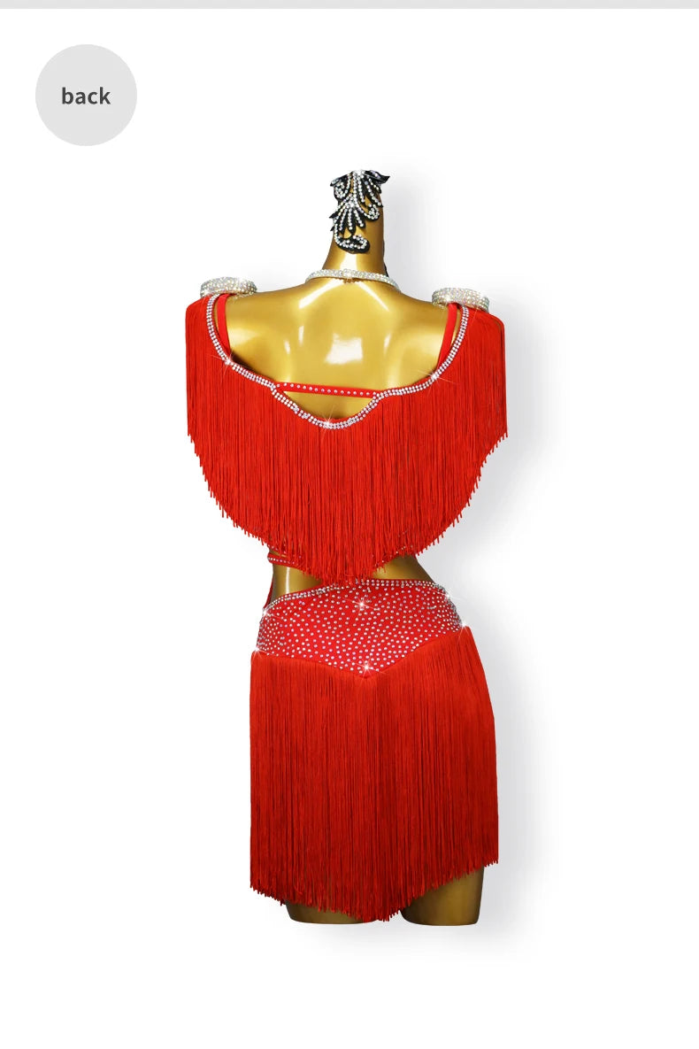 Red Latin Dance Fringed Dresses Sexy Womens Competition Costume Adult Female Party Clothes Cabaret Practice Wear Girl Stage Suit