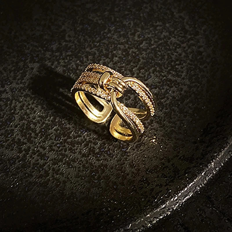 Irregular Hollow Opening Rings For Women Shiny Zircon Gold Color Copper Geometric Ring Fashion Simple Party Jewelry Gift