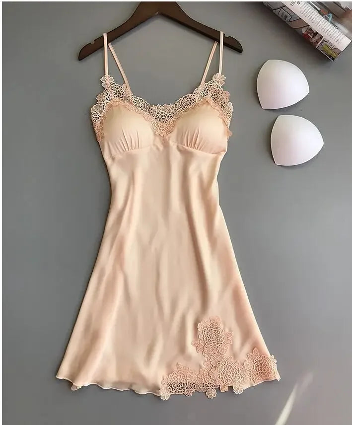 Ladies Sexy Silk Satin Night Dress Sleeveless Nighties V-neck Nightgown Nightdress Lace Sleepwear Nightwear for Women Sleep Tops
