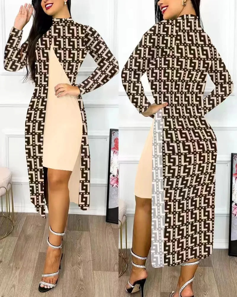 Two Piece Set Women Print Dresses Sets Full Sleeve Half High Collar Split Cardigan Dress Suits Elegant A Line Office Lady Y2k