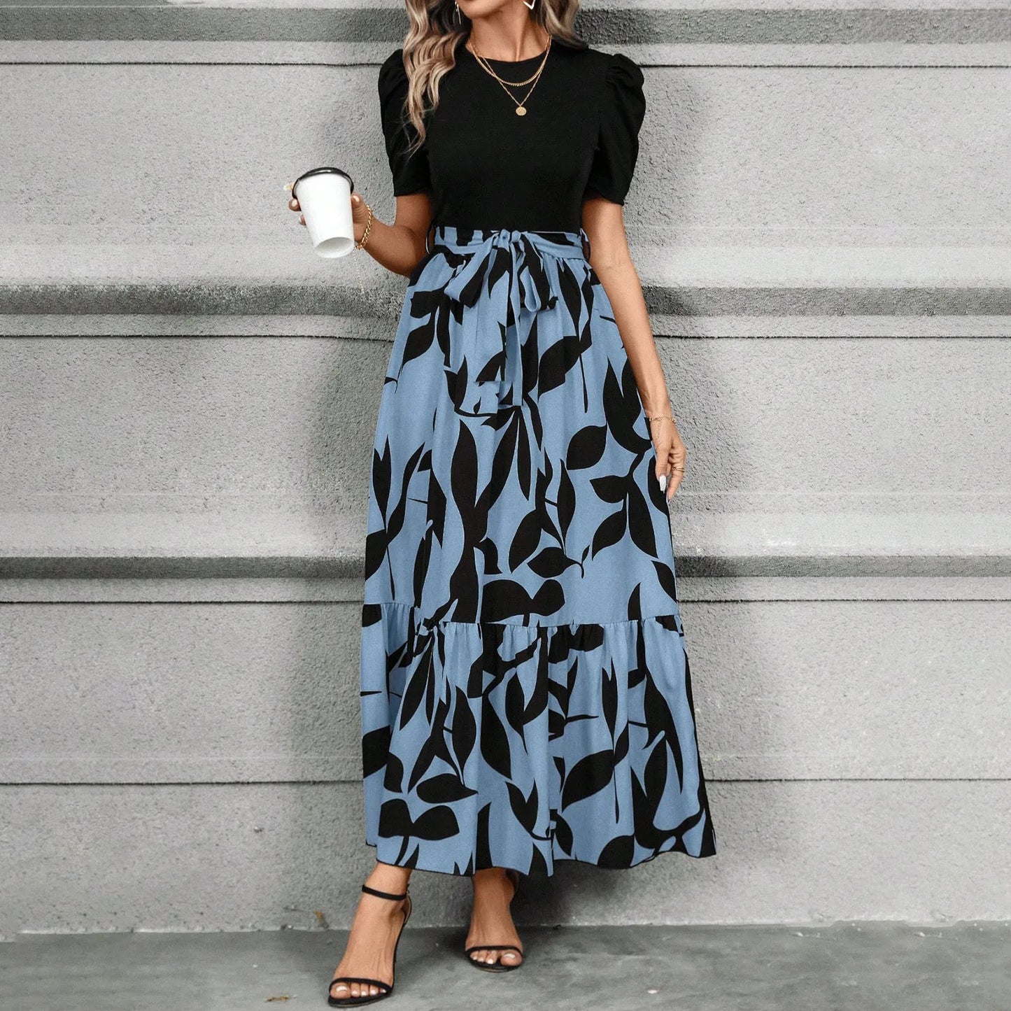 Elegant Women'S Dresses Floral Print High Waist Long Dresses Y2k Short Sleeved Round Neck Office Clothing Vestidos Para Mujer