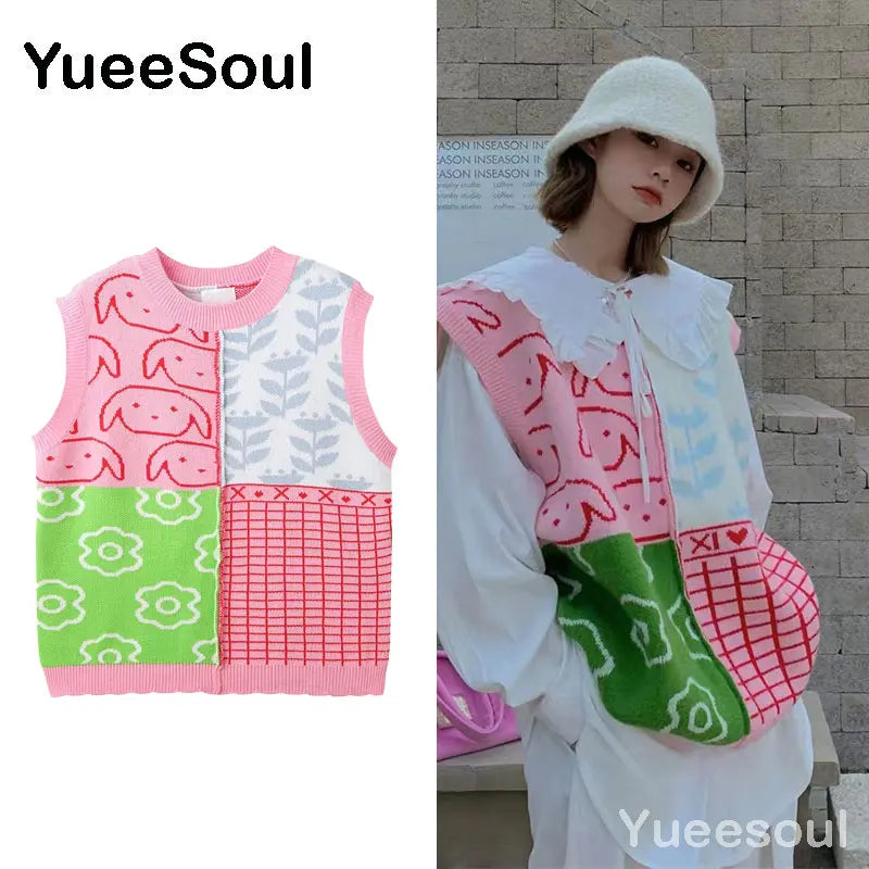 Sweet Kawaii Sweater Vest Printed Sleeveless Casual Outerwear Knitted Waistcoat 2023 Vintage Y2K Spring  E Girl Pullovers Tops