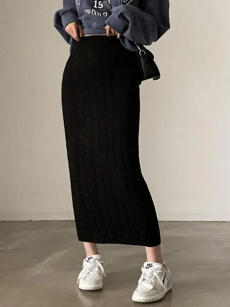 Solid Knitted Skirts For Women 2023 Fashion Autumn Winter Slim Long Skirt Vintage Casual Elastic High Waisted Straight Skirt New