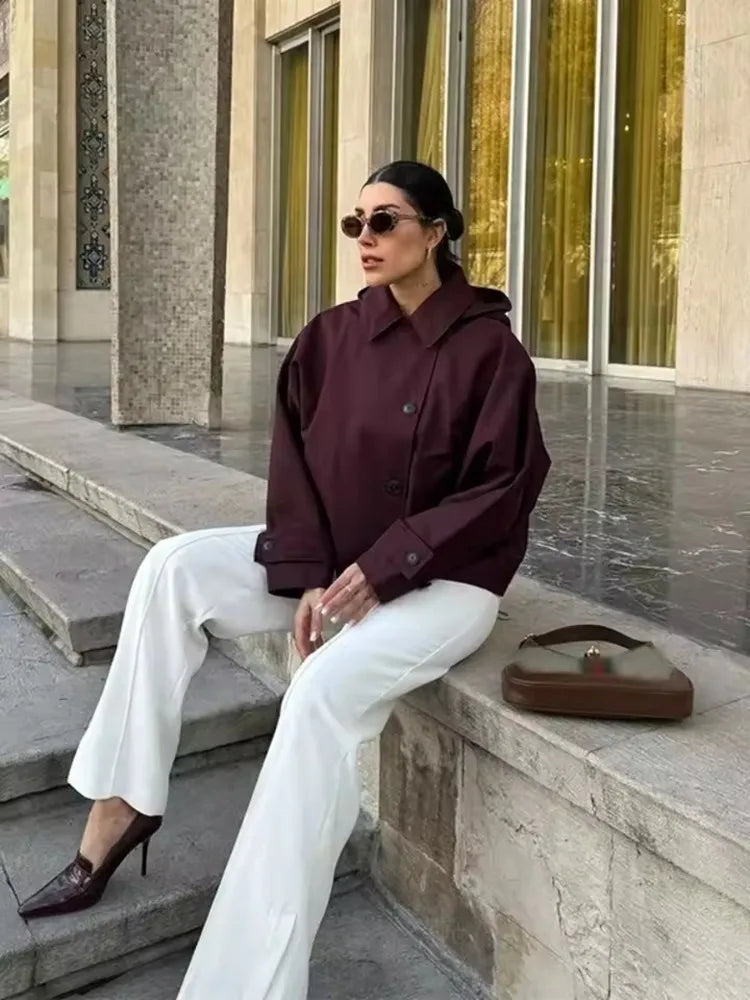 Windbreaker Outerwears Women Hood Cropped Jacket Trench Coat 2025 Autumn Long Sleeve Turn-Down Collar Casual Buttons Coats Cloth