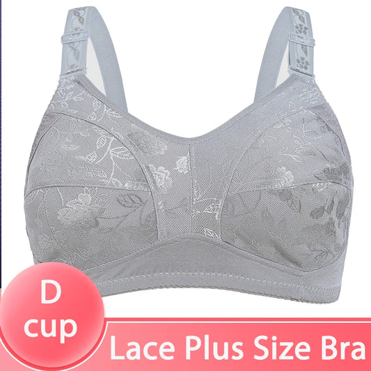 Black Big Women Bras Plus Size Lace Bra For Women Unlined Full Coverage  Thin Wireless Adjusted-straps D Cup Comfort Women'Bras