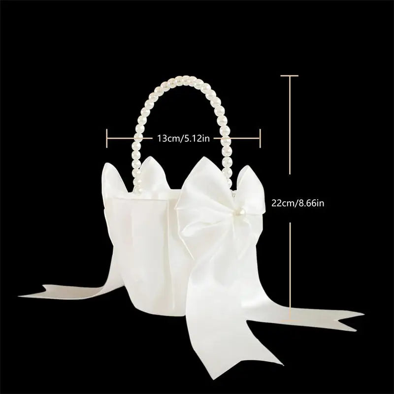 White Girls Flower Basket Silk Wedding Basket Flower Bride Girls Kids Hand Held Wedding Party Wedding  Bridal Flower Basket