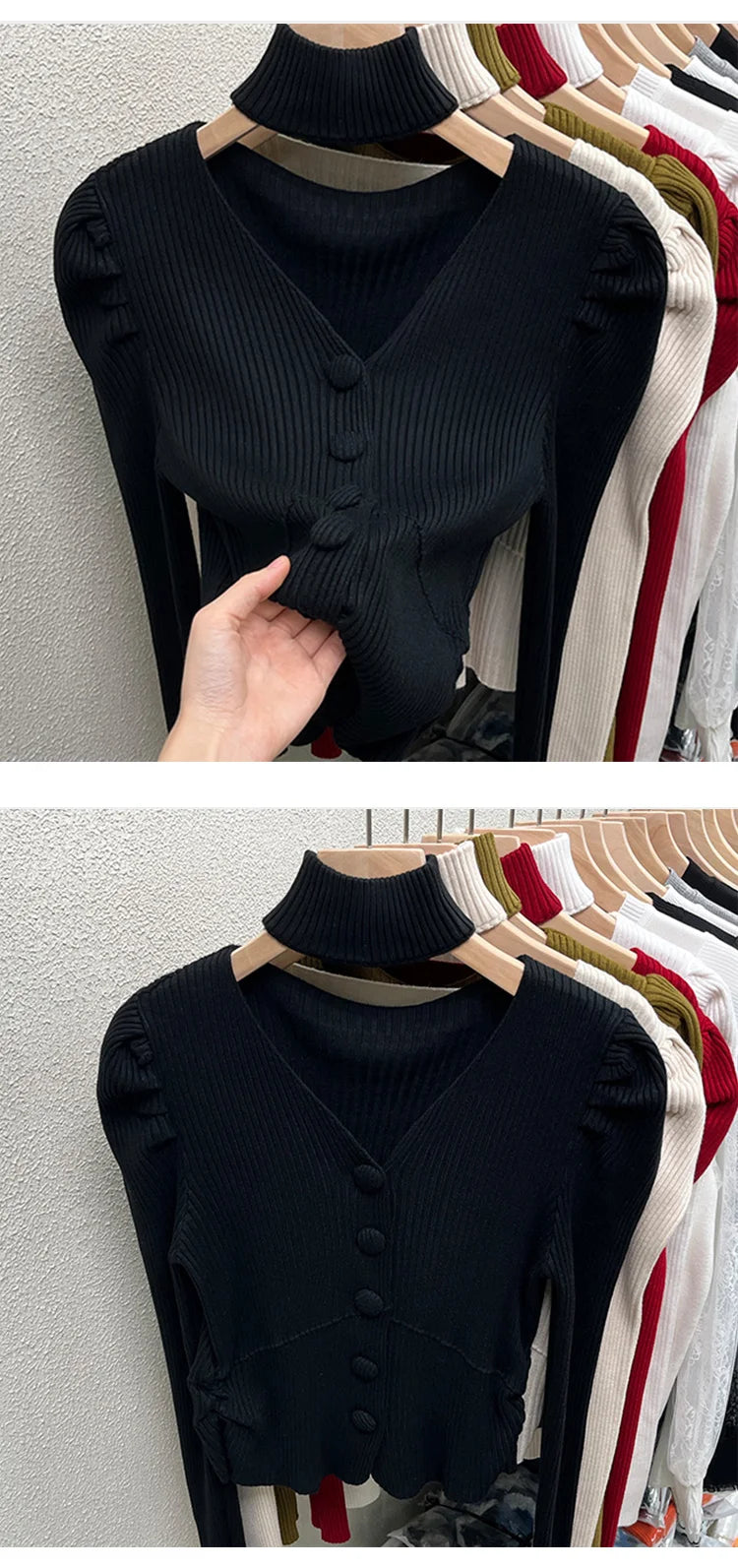 Red Sweater Knitted Sweater Women's Inner Layering Shirt with Unique Unique V-neck Halter Top Design for Autumn and Winter