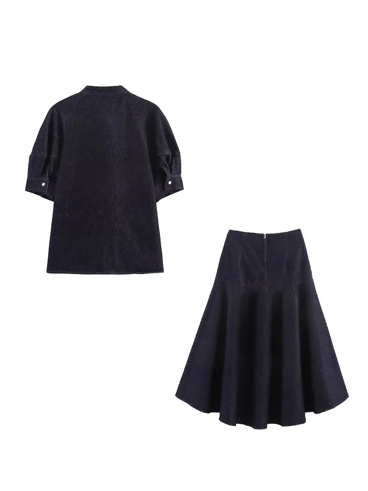 HH Women Casual Suits Bow Decoration Single-breasted Shirt+Zipper Pleated Elastic Waist Midi Skirt Denim Solid Skirt Sets