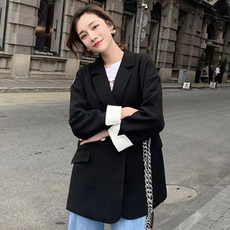 Long Blazers Woman Spring Casual Office Lady Lapel Double-breasted Slim-fit Elegant Solid Color Fashion Outerwear Minimalist