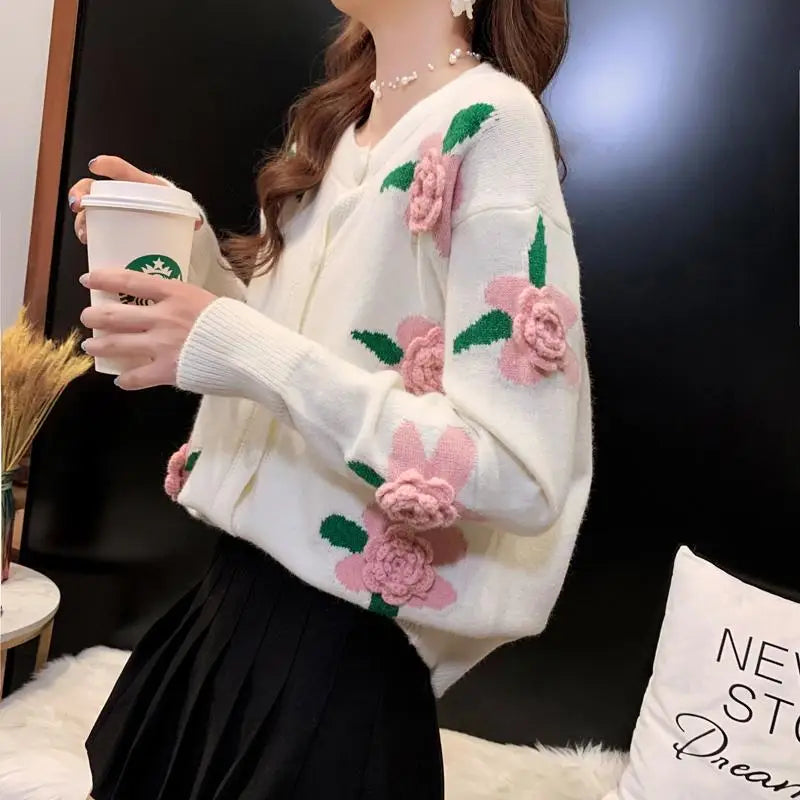 Sweater Female 2023 Spring and Autumn Knitwear Women Heavy Industry Rose Blossom Embroidery Contrast Sweater Coat Cardigan