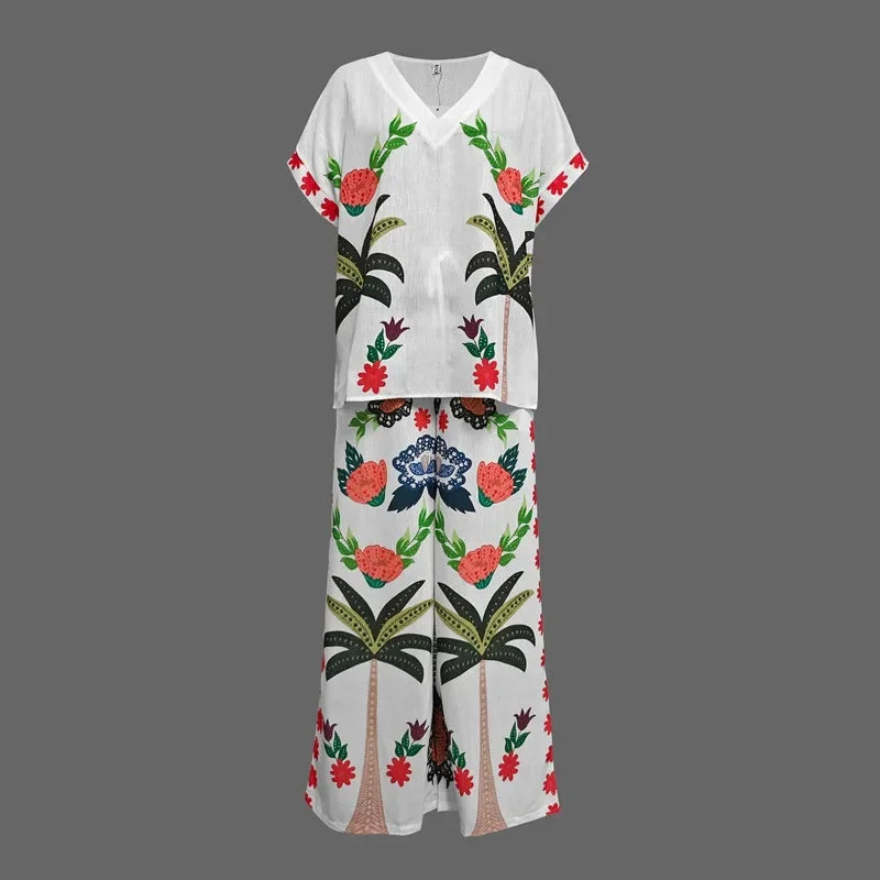 Women's Two-piece Set Tribal Style Printed V-Neck Blouses Casual Loose Drawstring Elasticity Pants Fashion Female Pants