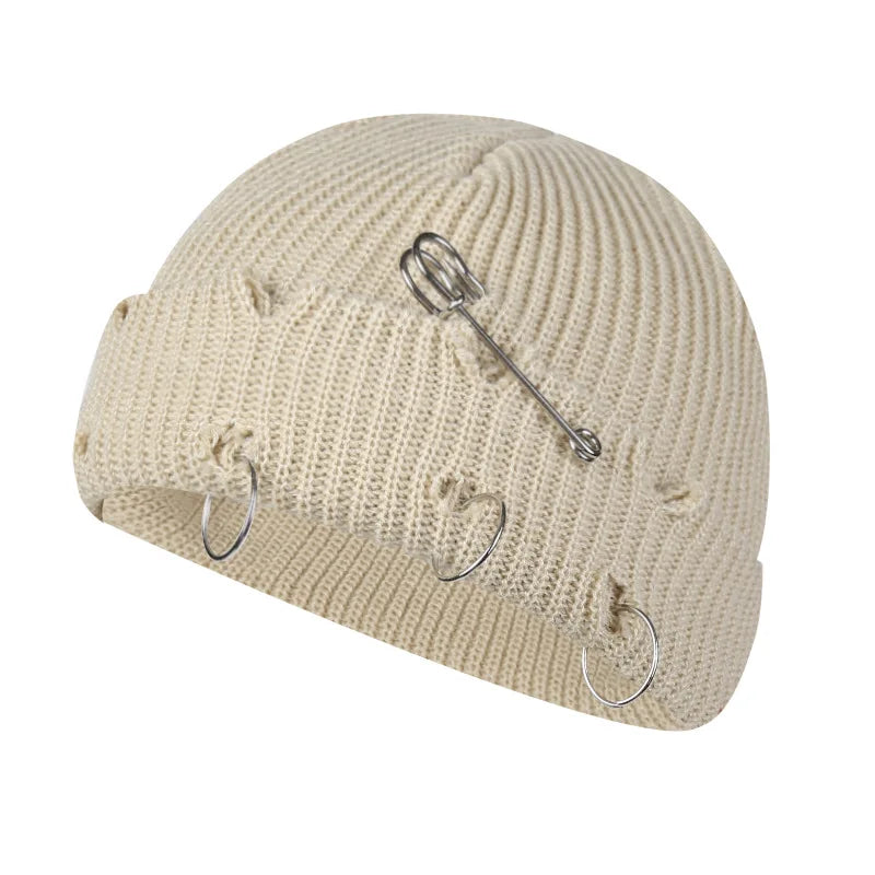 Hat for Women Autumn and Winter Ring Pin Street Hip-Hop Woolen Hats with Holes Edging Knit Cap Men's Trendy Cold-proof Beanies
