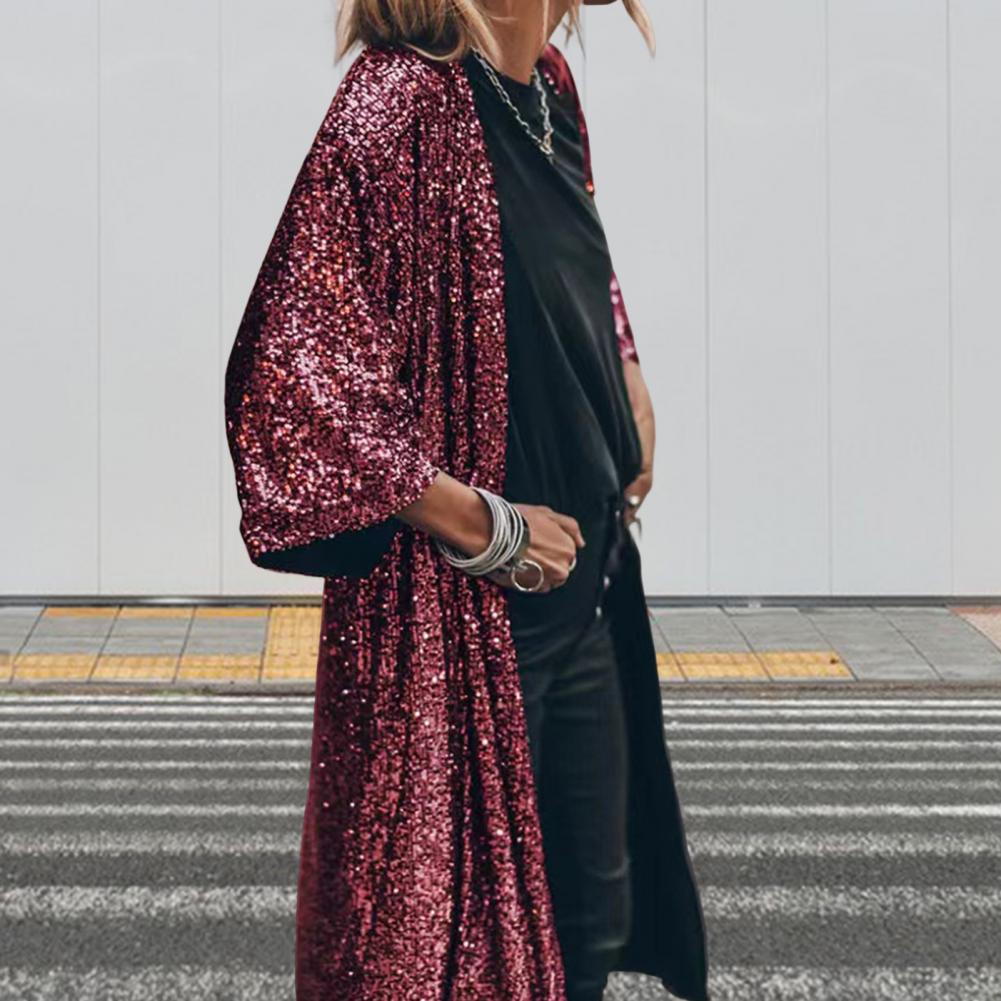 Women Coat Comfy Loose Outerwear Outwear Windproof  Stylish Shining Sequins Cardigan Jacket Top