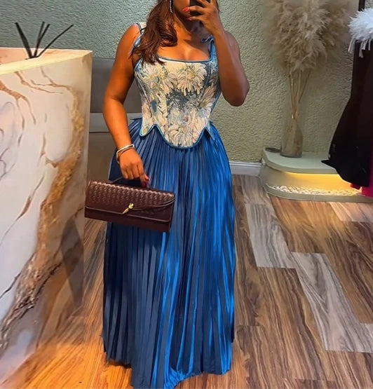 Elegant Party Dresses Woman Sexy New Sweet and Fresh Printed Waist Collection Tank Top High Waist Pleated Skirt Two Piece Set
