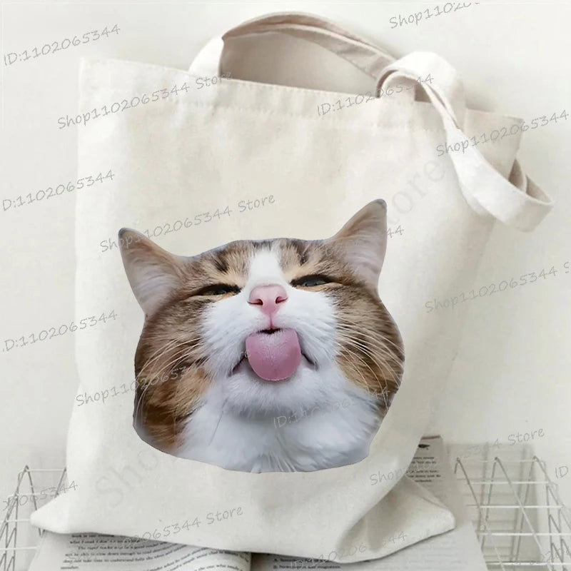 Women's Handbags Meme Cat Funny Canvas Shopping Bags Cartoon Animal Shoulder Bag Folding Reusable Tote Bags For Women Men