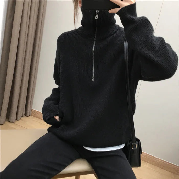 Women's Sweaters 2025 Autumn Winter Long Sleeve Top Loose Knitted Turtleneck Zipper Fashion Pullover Women Oversized Sweater