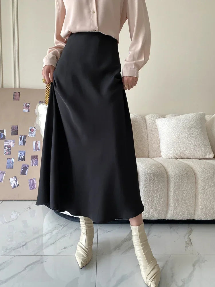 Elegant Skirts for Women Satin High Waisted 2025 New Slim Fit Long Skirt Fashion Temperament Simple Versatile Grey Black Skirts