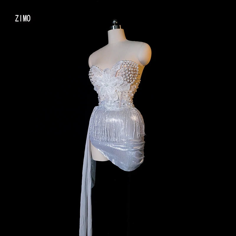 sexy women Two piece sets Evening Pearl dress nightclub party birthday wedding  stage flower dress singer pole dance clothing