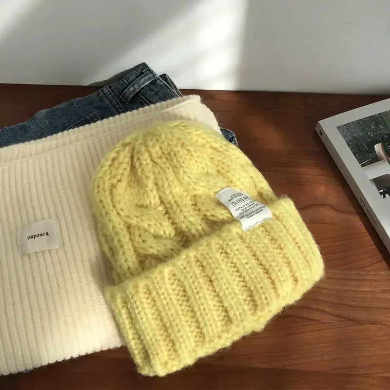New Hat Women's Coarse Knitted Knitted Wool Hat Autumn and Winter Versatile Big Head Circumference Green Loose Ins Trendy F