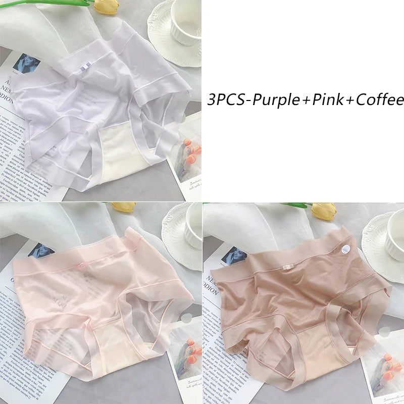 3PCS Women Seamless Panties Ice Silk Transparent Breathable Antibacterial Panty Mid-waist Briefs Cotton Underwear