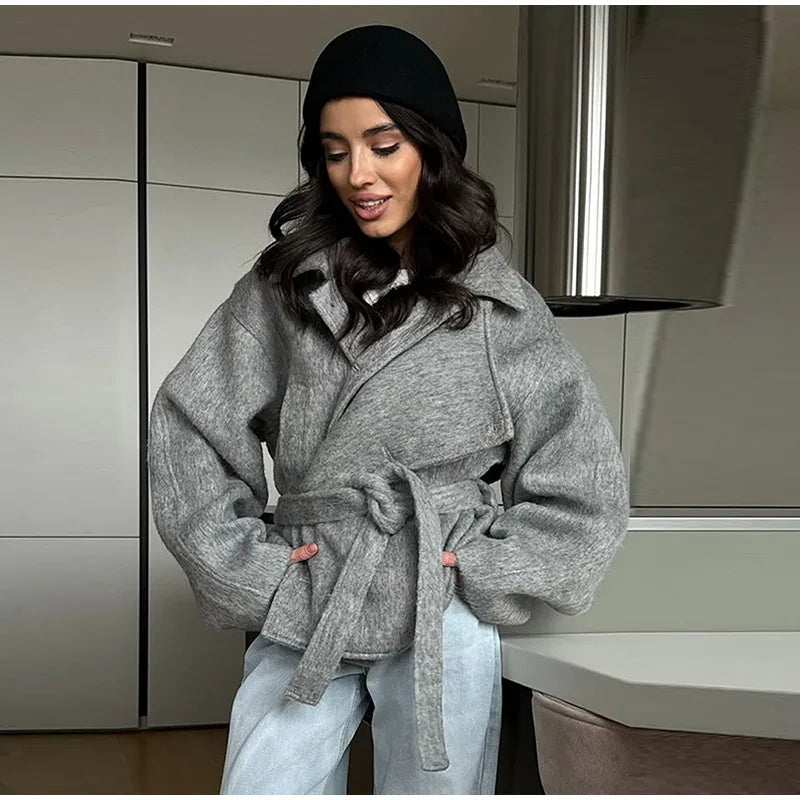 Women's Coat Elegant Laple Woolen Lace Up Belt Pocket Thicken Full Sleeve Female OverCoat 2025 Autumn Winter New Lady Outwears